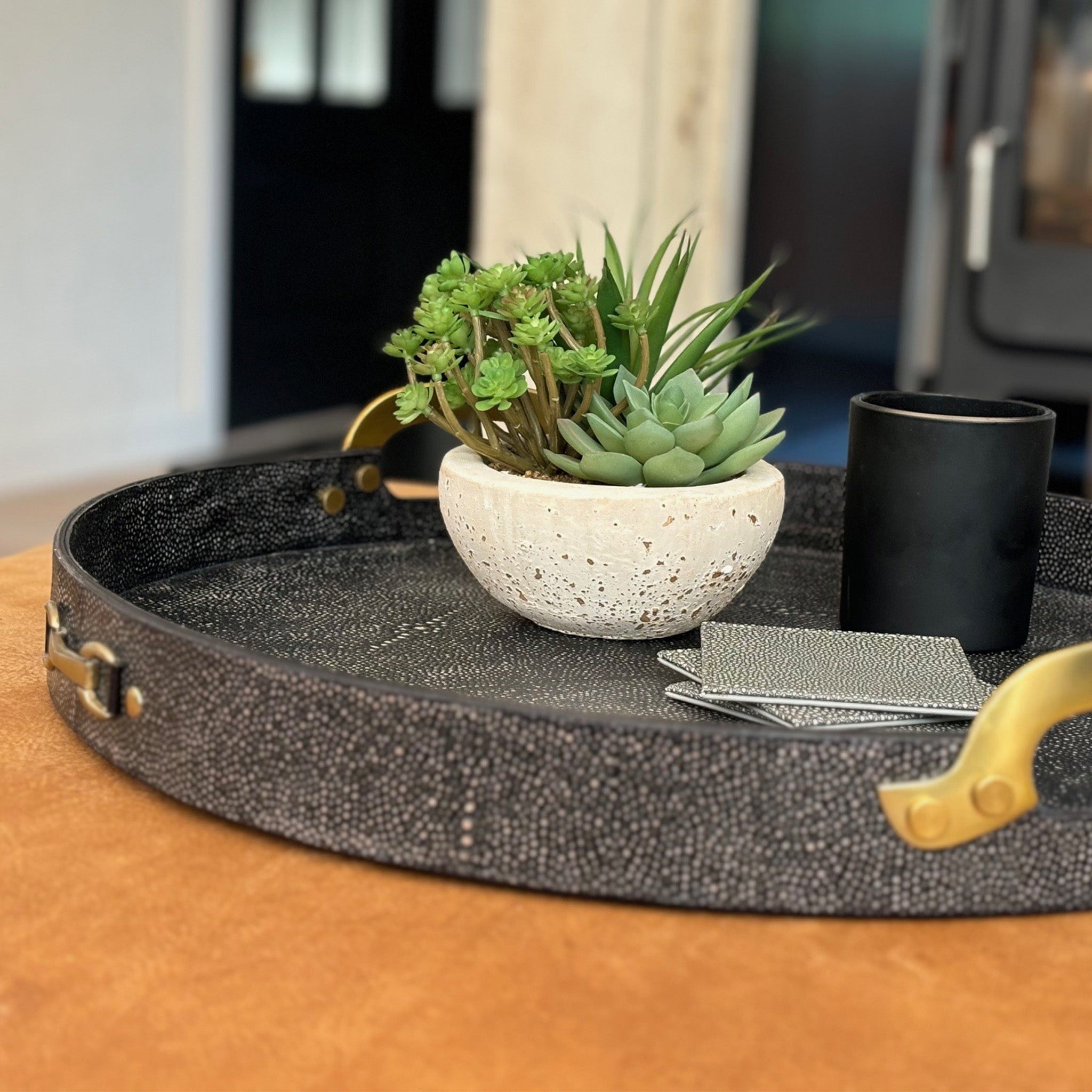 Black Shagreen Tray with Brass Detail